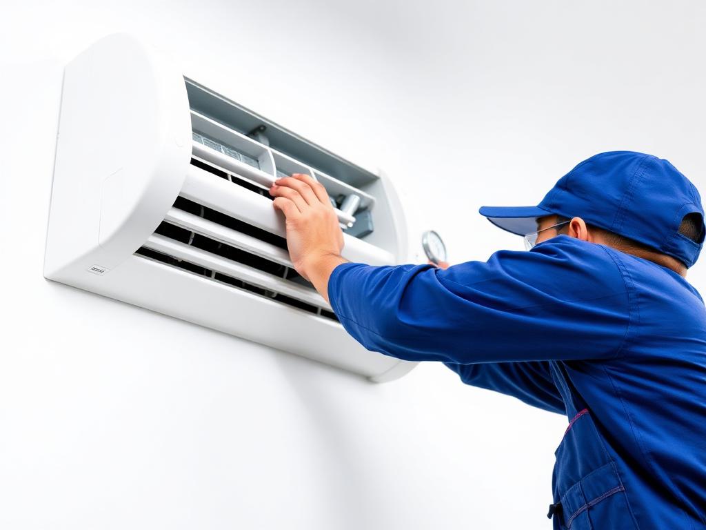 Technician servicing a wall-mounted air conditioning unit
