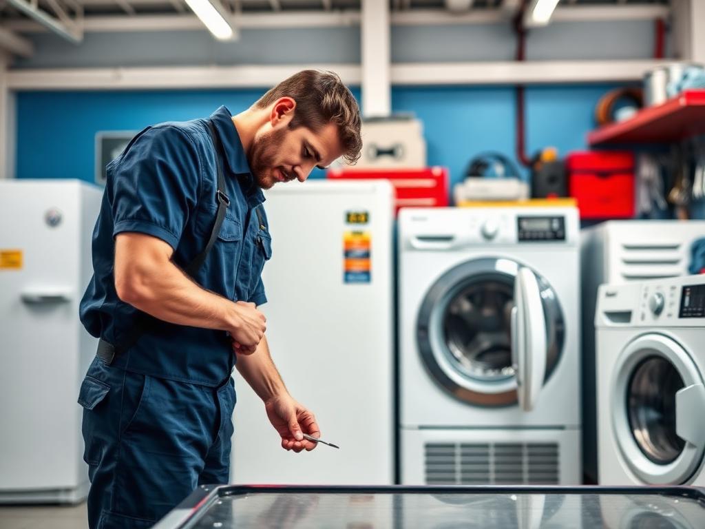 Technician repairing household appliances in a workshop
