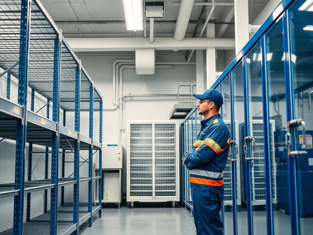Technician inspecting an industrial cold room with refrigeration units