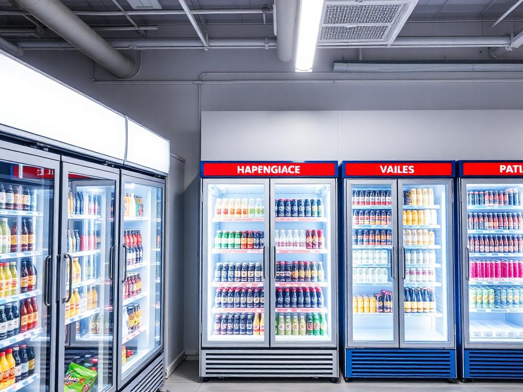 Rows of glass-door commercial display fridges in a retail store