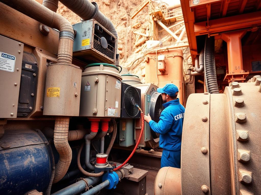 Technician servicing heavy machinery air conditioning at an industrial site