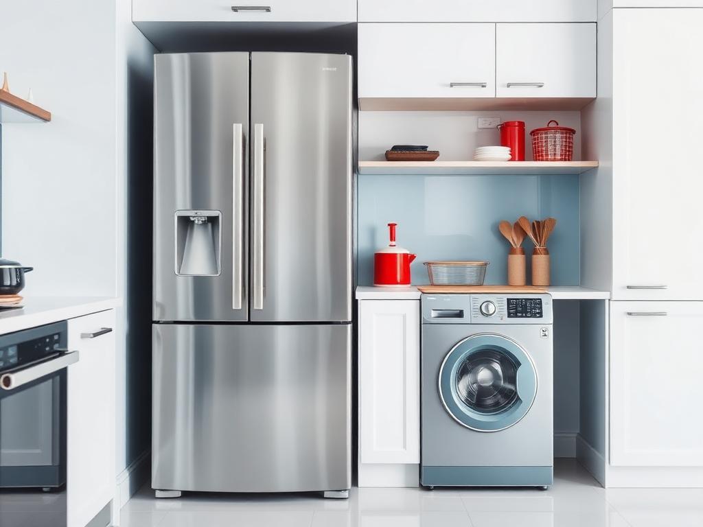 Modern kitchen with stainless steel domestic refrigerator and washing machine