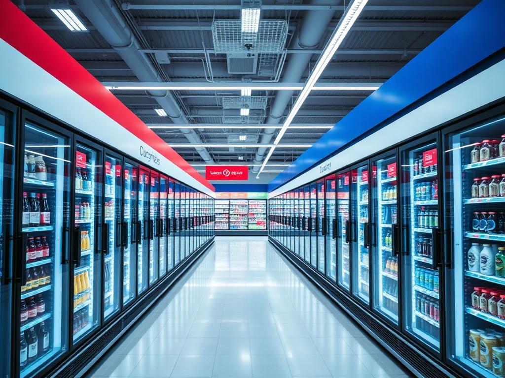 Supermarket aisle with rows of glass-door commercial refrigeration units