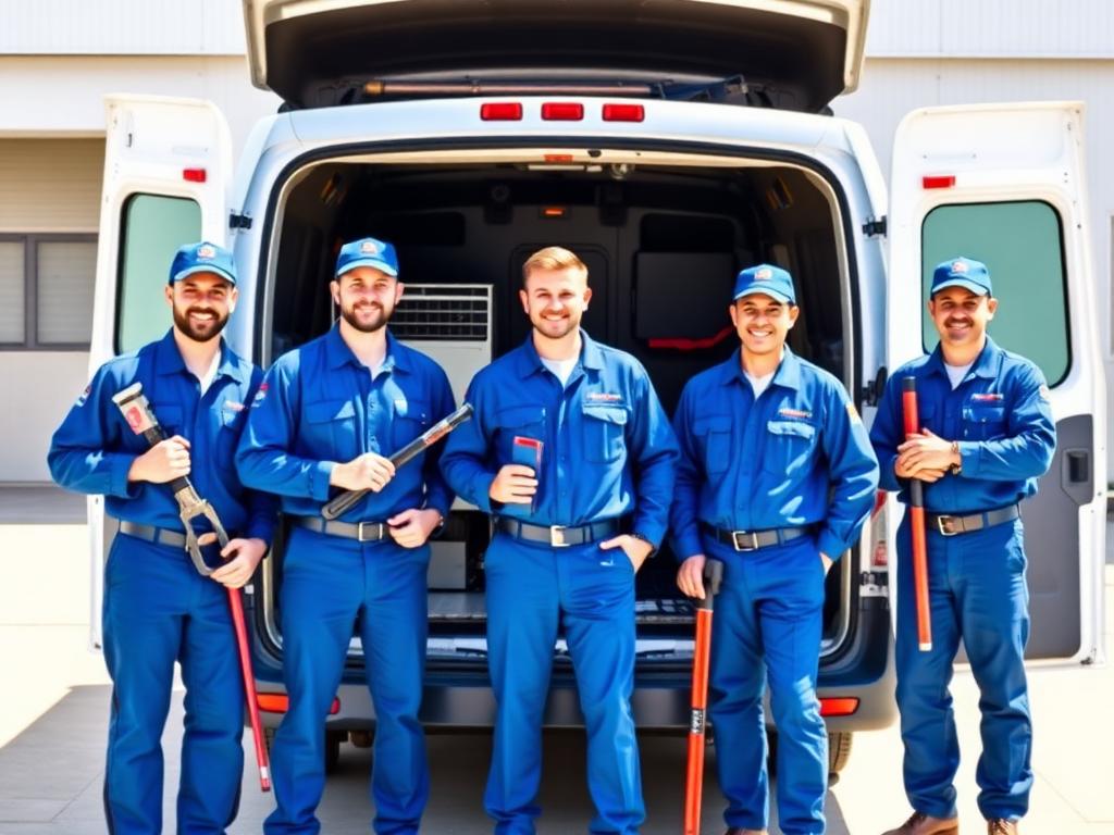 Team of technicians in blue workwear standing by a service van